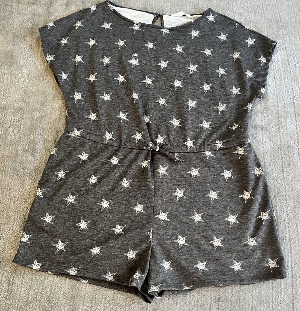 Antistar Romper Size L Gray White Star Print Pocket Drawstring Jersey Knit